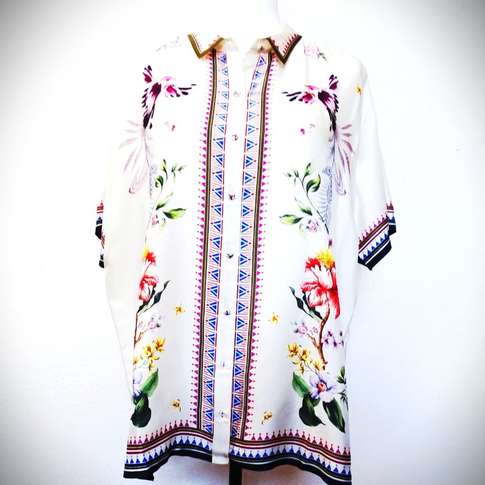 JOHNNY WAS Jade Collection Silk/Payon Blend Short Sleeve Blouse Size L
